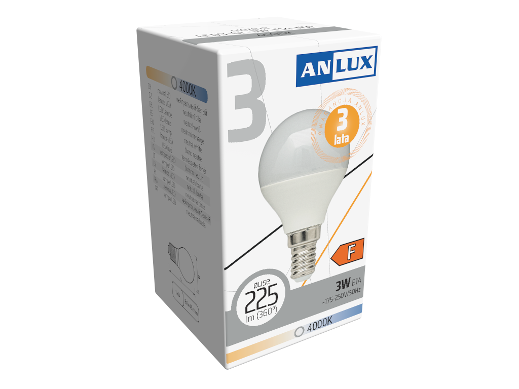 ŻARÓWKA LED KULKA 3W E14 230V NEUTRALNA BIAŁA ANLUX