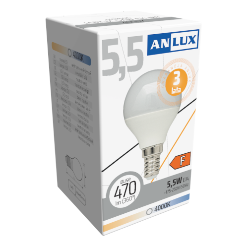 ŻARÓWKA LED KULKA 5,5W E14 230V NEUTRALNA BIAŁA ANLUX