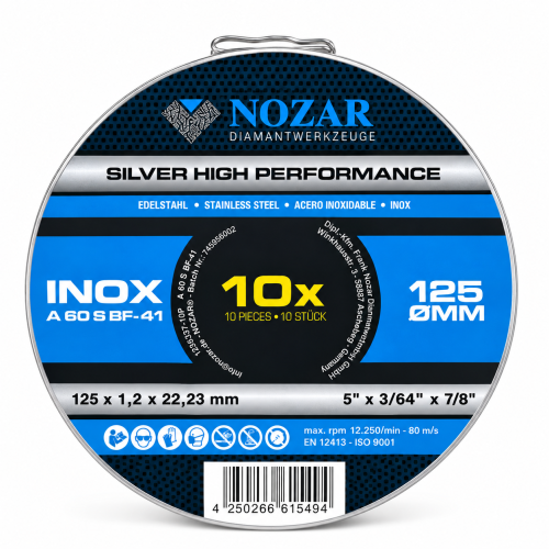 Tarcze do cięcia metalu i stali nierdzewnej INOX NOZAR 125 × 1,2 × 22,23 mm – 10 szt.